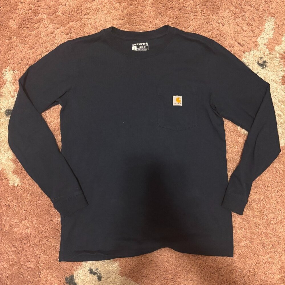 Carhartt Men's Loose Fit Long Sleeve Shirt Small Navy Blue Pocket Workwear Top